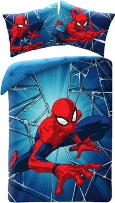 A Spiderman themed duvet cover and pillowcase set.