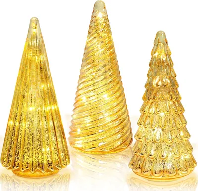 Productafbeelding van Kerstboomdecoratie, 3-delig, gouden glazen kerstboompjes, feestelijke tafeldecoratie