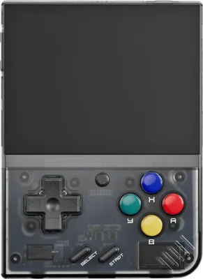 A handheld gaming console is shown from the front.