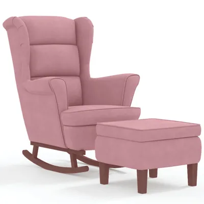 A pink velvet rocking chair with an ottoman, shown against a white background.