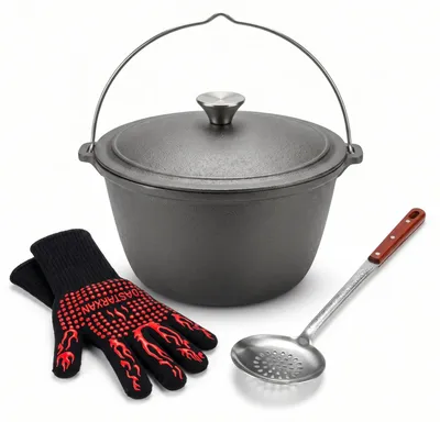 Produktbild von Gulaschkessel 5 L aus Gusseisen mit Gusseisendeckel, Schaumlöffel und Grillhandschuhe - Kazan Kessel Schwenktopf Campingtopf