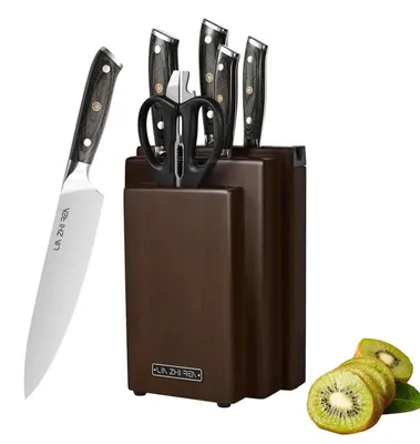 Produktbild von Messerblock Set 8-teilig mit Messerschärfer, Edelstahl Küchenmesser mit Holzgriff, Kochmesser 20 cm, Brotmesser, Santokumesser, Universalmesser, Schälmesser, Küchenschere