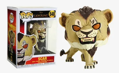 A Funko Pop! vinyl figure of Scar from Disney's The Lion King, shown next to its packaging.