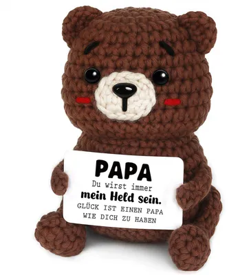 Handgehäkelte Bärenfigur – Geschenk für Papa, 9,5 cm, Karte inklusive