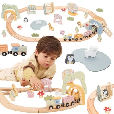 Produktbild von VIGA Holz-Eisenbahn für Kinder, Set mit 62 Teilen