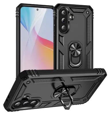A black protective phone case with a ring holder is shown from multiple angles, with a smartphone screen visible.