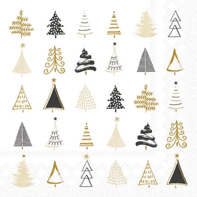Produktbild von 20 Servietten Christmas Tree Doodles black - Moderne Baumformen schwarz-gold 33x33cm