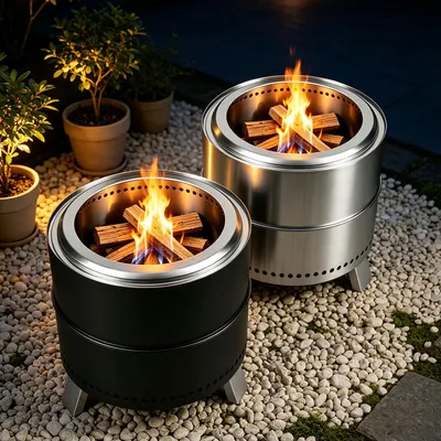 Immagine prodotto di Ikodm, braciere senza fumo, diametro 49,5 cm, realizzato in acciaio inossidabile 201, a doppia parete, con contenitore per la cenere, tappetino termoisolante e guanti ignifughi, colore argento