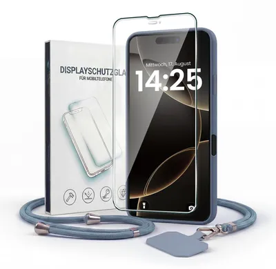 Produktbild von Handyhülle für Apple iPhone 17 Pro mit Handykette und 9H Displayglas Displayschutz Band Kordel Hülle Case Schutzhülle Lavendelblau Blau