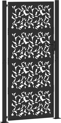 A black metal garden gate with a leaf pattern.