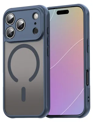 A blue phone case with a magnetic ring is shown next to a smartphone.
