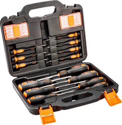 A set of screwdrivers in an open black case.
