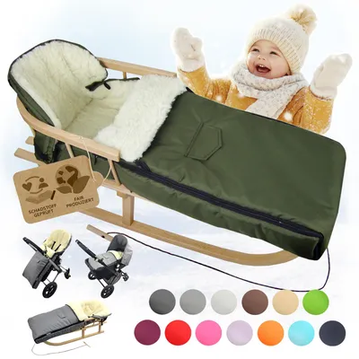 A collage of a baby sled with a winter footmuff, a baby in the sled, and various color swatches of the footmuff.