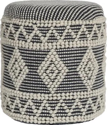 Zdjęcie produktu dla WOHNLING Puf z wełny, średnica 40 cm, wysokość 45 cm, kolor szaro-kremowy. Okrągły puf w stylu boho z miejscem do przechowywania i zdejmowanym wieczkiem. Nowoczesny puf tapicerowany, idealny do salonu