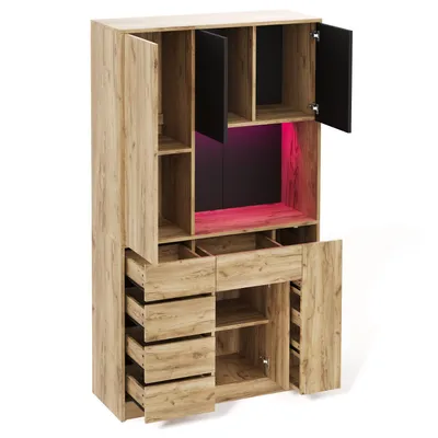 Produktbild von Flieks Küche Hochschrank Küchenschrank mit Steckdose und Usb, Highboard mit Led, Buffetständer mit ausziehbaren Gewürzregalen, Naturbelassen