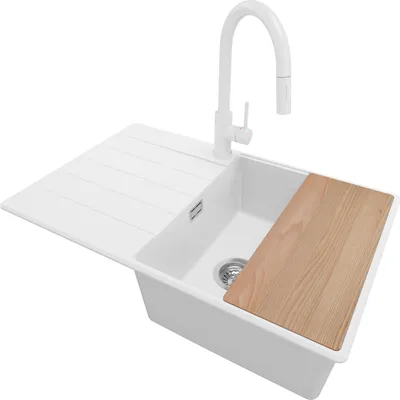 Produktbild von PRIMAGRAN Granitspüle Weiß 78x50cm, Spülbecken 1 Becken + Küchenarmatur 40x20cm + Ablauf-Set + Schneidebrett, Küchenspüle ab 50er Unterschrank - Kopenhagen
