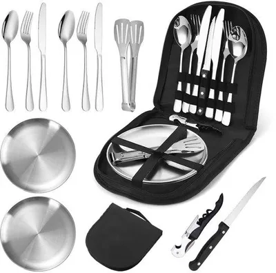 Produktbild von Ibenzoa® Komplettes Campinggeschirr-Set aus Edelstahl für 2 Personen – kompakt, tragbar und leicht zu verstauen für Camping & Picknick
