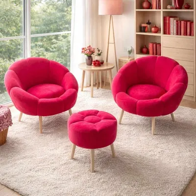 Produktbild von Hanah Home, Elegantes Flügelstuhl- und Pouf-Set (3 Teile) - Fuchsia, 100% Melamin