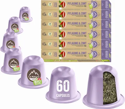 Produktbild von Pflaume ZimtTee - 60 Teekapseln | La Natura Lifestyle Organic 120g| biobasiert | Nespresso®*³ kompatible
