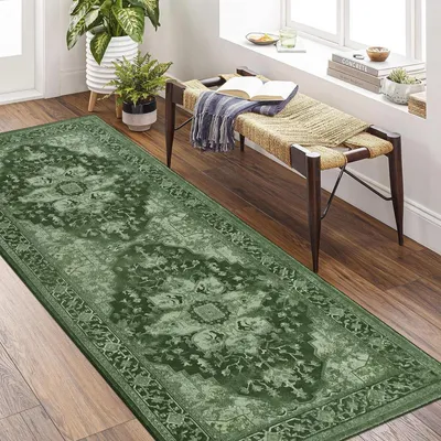 Immagine prodotto di Tappeto a pelo lungo, runner 80x200 cm, antiscivolo, lavabile, design bohémien, colore verde