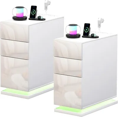 Imagen del producto de Conjunto de 2 mesitas de noche estrechas con enchufe y USB, mesitas de noche LED con 3 cajones, dimensiones 30 cm de ancho x 50 cm de profundidad x 63 cm de alto, mesitas auxiliares de alto brillo con USB y iluminación de 16 colores, color blanco
