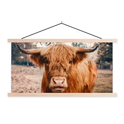 Produktbild von MuchoWow® Textilposter Kuh - Schottischer Hochländer - Hörner - Braun - Landschaft 120x60 cm mit holzfarbenen Rahmen - Klemmleiste