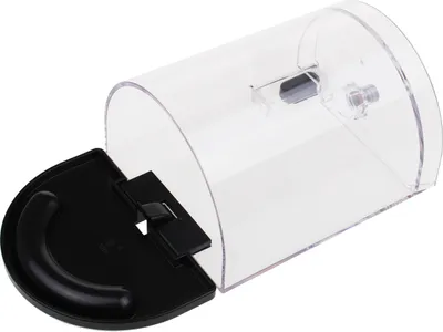 A clear plastic water tank with a black lid.