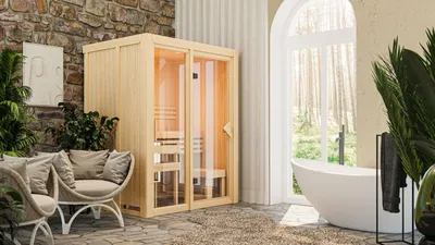 Produktbild von Karibu Sauna Innensauna Avari 1 Fronteinstieg Ofen 3,6 kW intgr. Strg 155x122x198 cm ohne Dachkranz