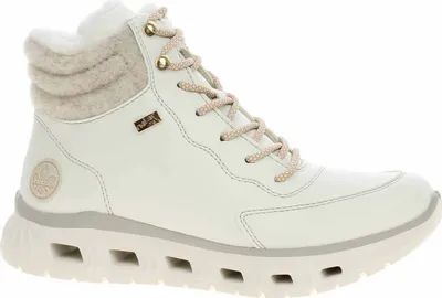 A white Rieker women's boot with beige laces and trim, shown from the side against a white background.