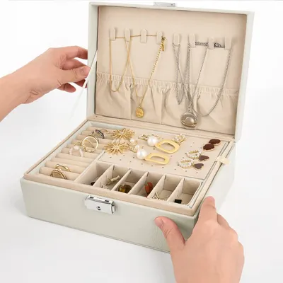 Produktbild von sunwoif Damen Schmuckaufbewahrung, Leder, Weiß, Groß, 2 Schichten, mit Schlüssel, Weiches Samtfutter, Langlebig für Ohrringe, Halsketten, Uhren, Ringe, Armbänder
