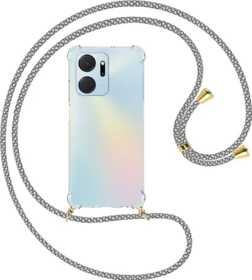 Produktbild von Handykette Backcover-Schutzhülle mit Band (Metall goldfarben) für Honor X7a (6.75'') - weiß/grau kariert