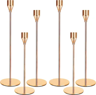 Imagen del producto de Juego de 6 candelabros, 6 candelabros dorados, candelabros cónicos en 3 alturas diferentes. Las velas para candelabros son ideales para bodas