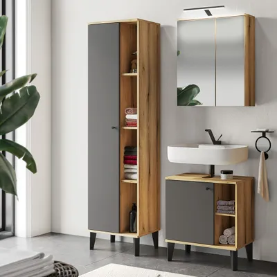 Produktbild von Badmöbel-Set 3-teilig mit Waschbeckenunterschrank 60 cm, LED-Spiegelschrank, Hochschrank, in Eiche mit grau OLEAN-61