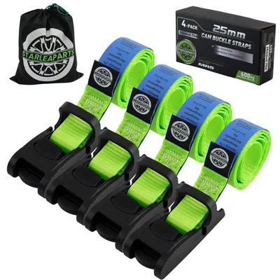Image de Sangles de tension, lot de 4, 75 cm, couleur verte, largeur 25 mm, charge de rupture de 600 kg, avec système de serrage à clip