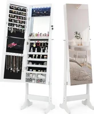 Produktbild von Schmuckschrank Freistehend & Neigungsverstellbar, Schmuckregal mit 2 Spiegel, Spigelschrank mit 6 LED-Leuchten & Schloss, Schmuckaufbewahrung für Ketten Ohrringe Schminke (Weiss)