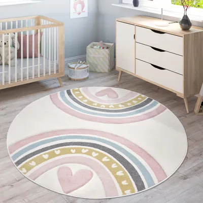 Produktbild von Kinderteppich Teppich Kinderzimmer Junge Mädchen Regenbogen Herz 3D Creme Rosa Grösse 200 cm Rund