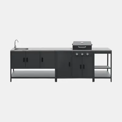 Immagine prodotto di Cucina da esterno 3 moduli con barbecue a gas 3 bruciatori su piedi, termometro, Nero