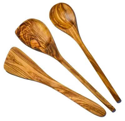 Produktbild von Handgemachte Olivenholz Küchenutensilien Set - 3-teilig Spatel, Löffel und Soßenlöffel