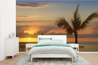 Produktbild von MuchoWow® Fototapete für Wohnzimmer oder Schlafzimmer Wandtapete Vinyl Motivtapete Eine Palme in einem Infinity-Pool mit Sonnenuntergang - 385x240 cm - Schlafzimmer-Tapete