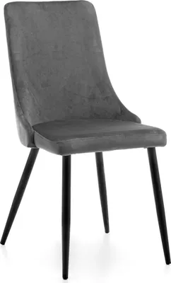 A single gray upholstered dining chair with black legs is shown against a white background.