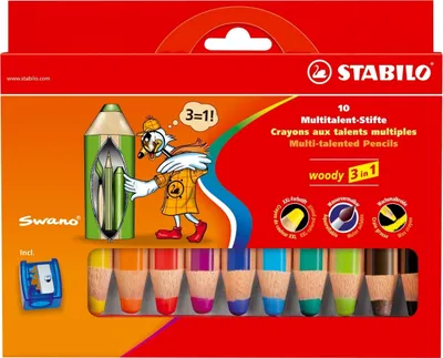 Produktbild von Holzfarbstift woody 3 in 1 Kartonetui mit 10 Stiften und 1 Spitzer Packung mit 4 Stück