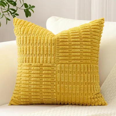 Zdjęcie produktu dla Poszewka na poduszkę, tkanina corduroy, wzór w paski, kolor żółty, 60x60 cm, 1 sztuka