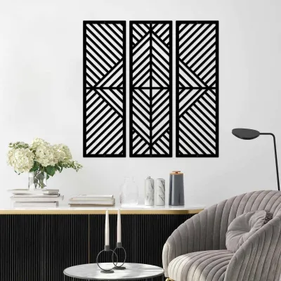 3-teilige geometrische Metall-Wanddekoration, schwarz, abstrakt, 56,6 cm