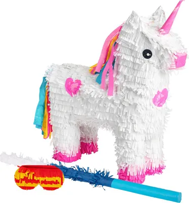 Produktbild von Fax Potato 3-teiliges Einhorn-Pinata-Set mit Stock und Augenbinde – blauer Stock