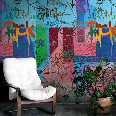 Produktbild von Urbane Vliestapete mit buntem Graffiti-Motiv und einer großflächigen Musterwiederholung – Bunt, Blau, Pink