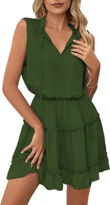 Image de ASKSA Femme Robe sans manches Robe tunique Élégante Ruffles Été Col en V Robe unie, Vert, S