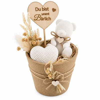 Handgemachtes Geschenk Du bist unentBÄRlich mit weißem Bär, Herz, Holzschild und Trockenblumen, KI-generiertes Bild
