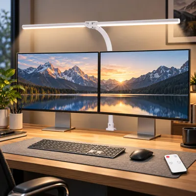 Immagine prodotto di lampada da scrivania 24W Led Morsettibile, lampada monitor bianca 80CM per scrivania, barra luminosa monitor dimmerabile, lampada a collo d'oca a doppia testa Lampada da scrivania