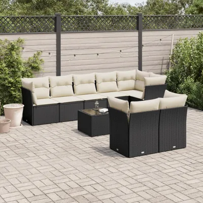 Produktbild von Design 9-tlg. Garten-Sofagarnitur mit Kissen Schwarz Poly Rattan, Gartenmöbel-Sets 2024 Neu
