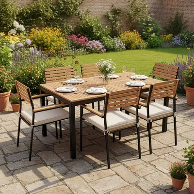 Produktbild von Juskys Akazienholz Gartengarnitur Rhodos - Tisch, 6 Stühle & Auflagen - Gartenmöbel Holz